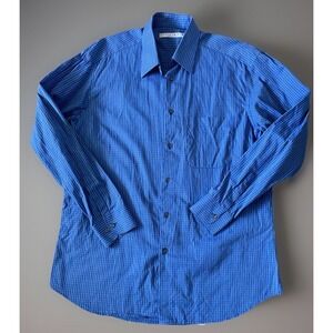 Equilibrio Long Sleeve Button Down Shirt Blue Check Italy 16.5 34-35 Large JBHS
